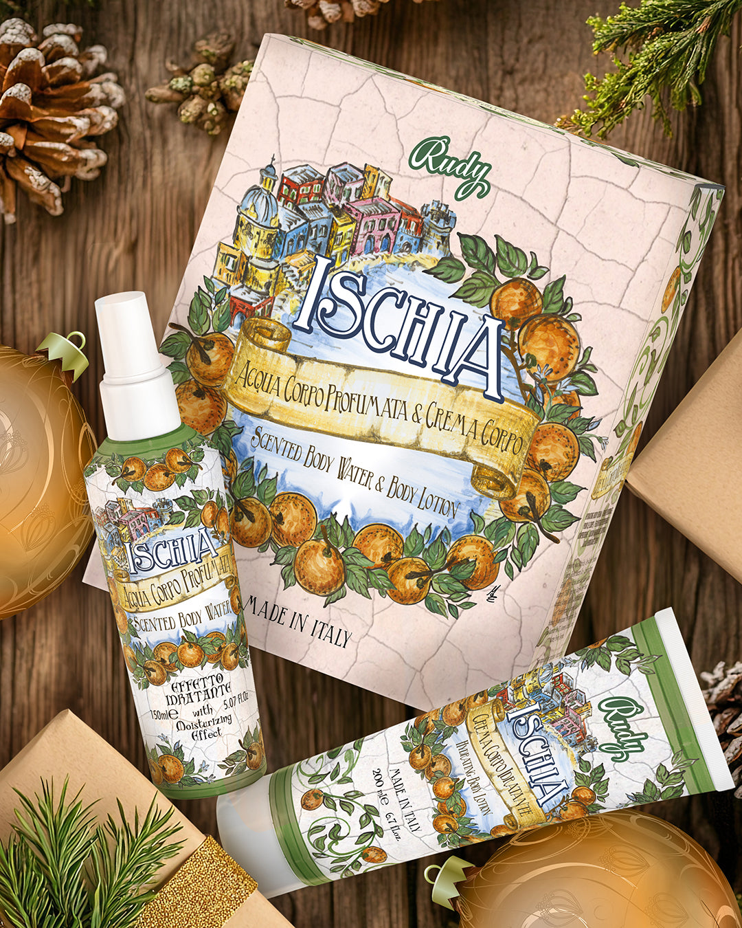<b>Gift Box with Scented Body Water 150 mL + Moisturizing Body Cream 200 mL</b></br>Le Maioliche di Rudy</br><i>Ischia range</i>