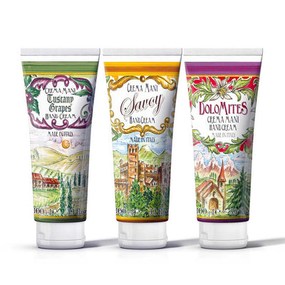 <b>Conjunto de cremes para as mãos</b><br>3 cremes para as mãos de 100 mL<br><i>Gli antichi borghi</i>