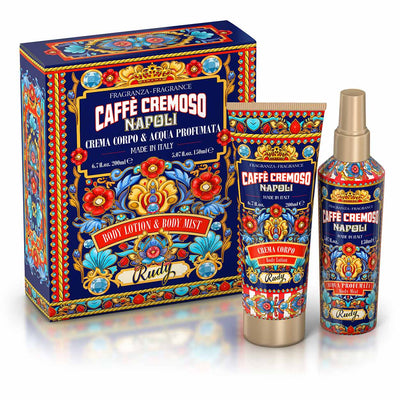 <b>Caja de Regalo con Agua Perfumada 150 mL + Crema Corporal Hidratante 200 mL</b></br>Edición Gourmand</br><i>Cafè Cremoso</i>