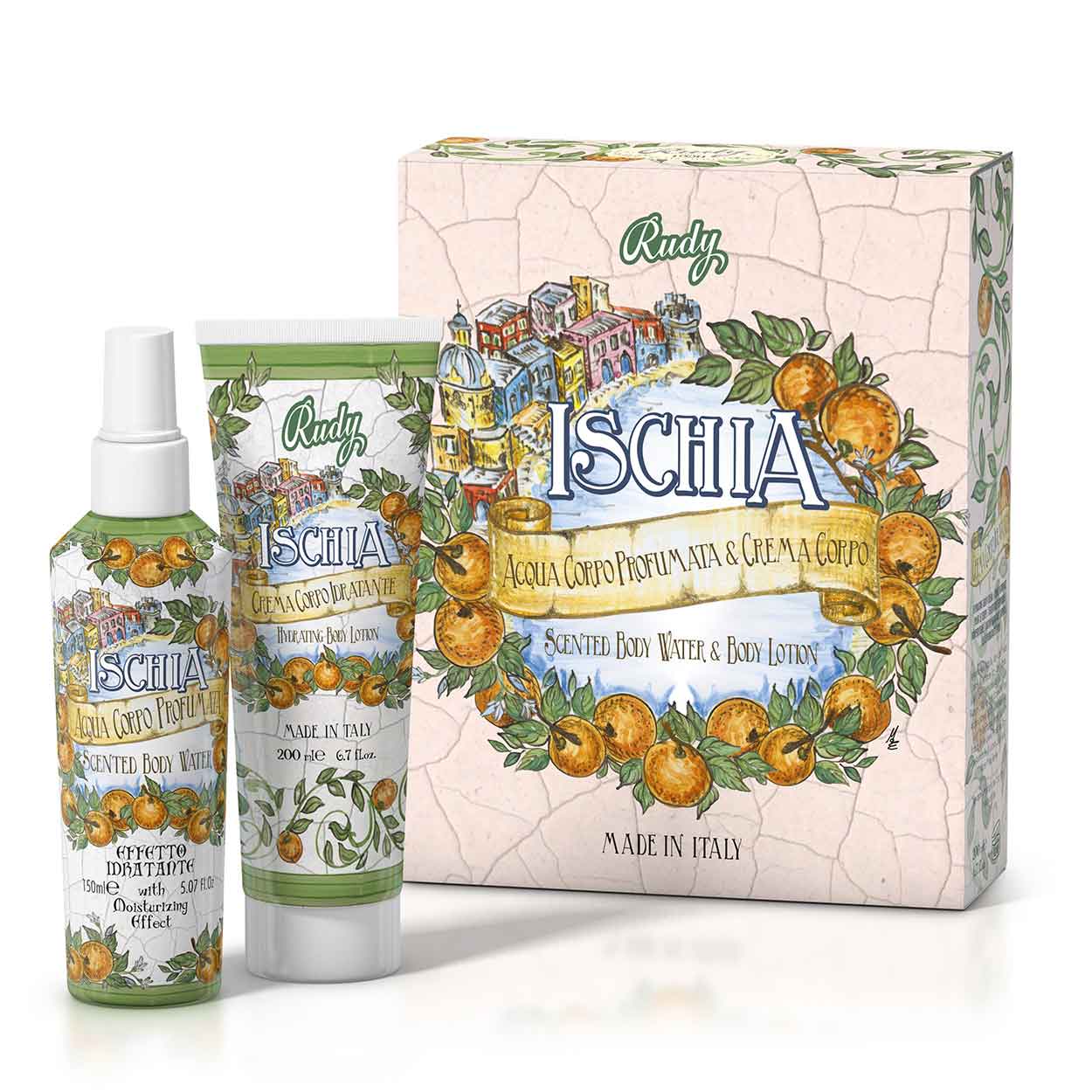 <b>Gift Box with Scented Body Water 150 mL + Moisturizing Body Cream 200 mL</b></br>Le Maioliche di Rudy</br><i>Ischia range</i>