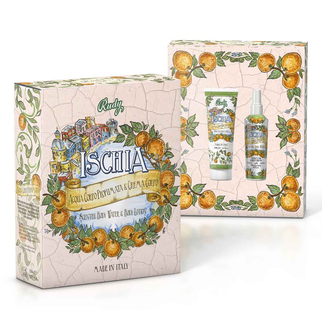 <b>Gift Box with Scented Body Water 150 mL + Moisturizing Body Cream 200 mL</b></br>Le Maioliche di Rudy</br><i>Ischia range</i>