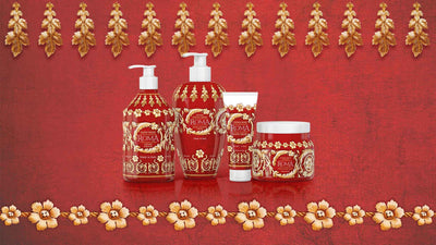 Le Maiolihce di Rudy, collezione Roma. Rappresentate da sinistra a destra: Sapone liquido mani 500ml, Bagno e Docciaschiuma 700ml, Crema mani 100ml, Crema corpo 500ml