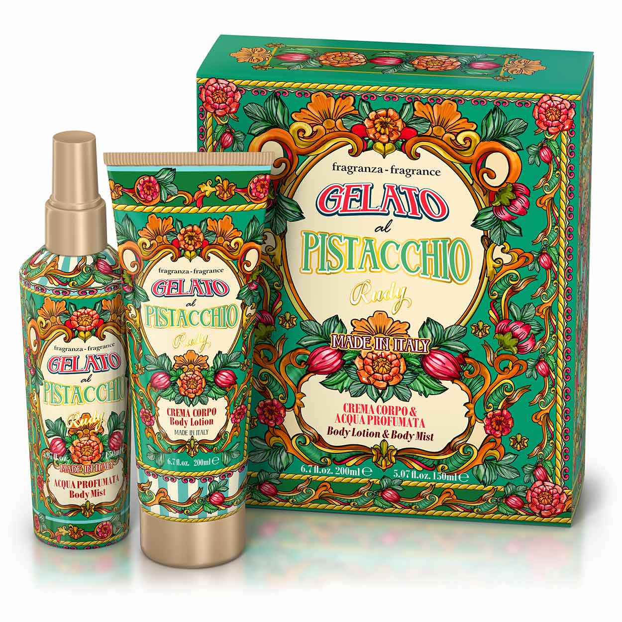 <b>Caja de Regalo con Agua Perfumada 150 mL + Crema Corporal Hidratante 200 mL</b></br>Edición Gourmand</br><i>Helado de Pistacho</i>