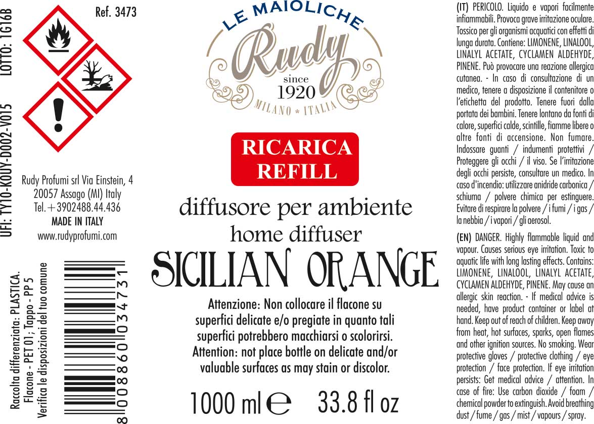 Etichetta avvertenze ricarica diffusore per ambienti linea Fiori di Arancio di Sicilia delle maioliche di Rudy Profumi