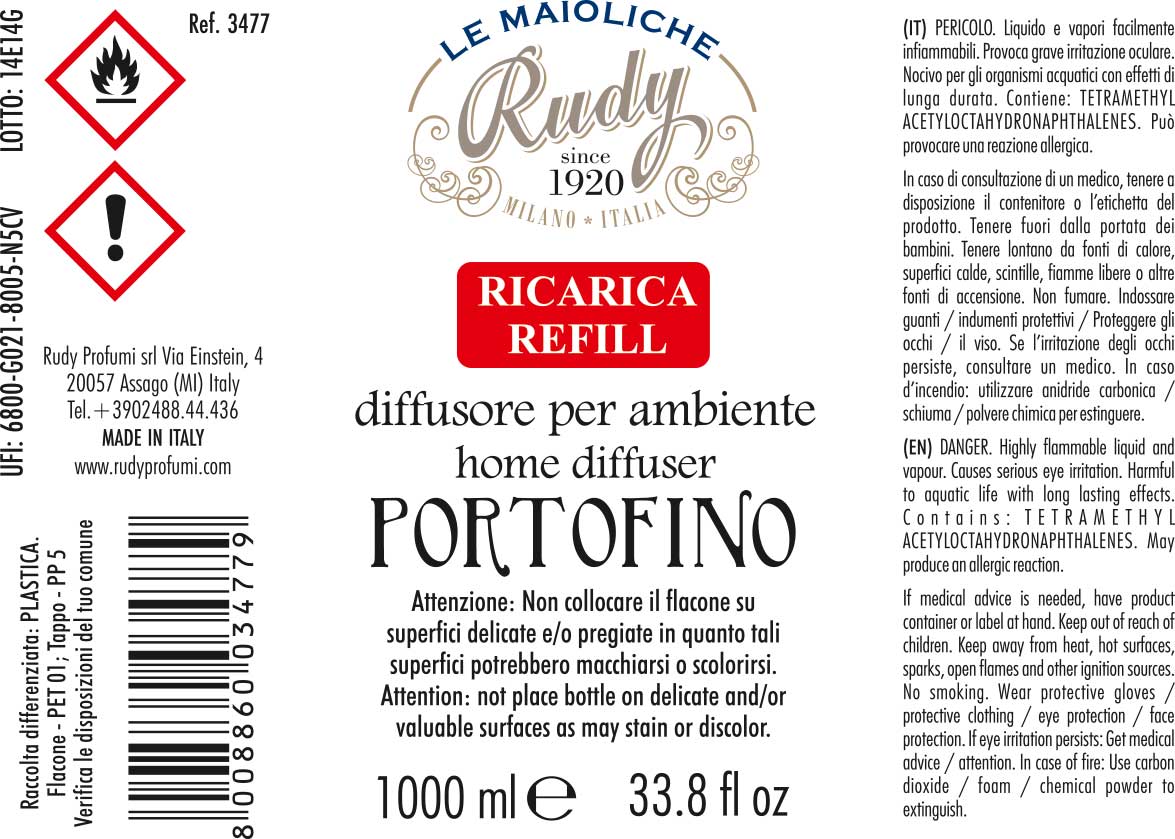 Etichetta avvertenze ricarica diffusore per ambienti linea Portofino delle maioliche di Rudy Profumi