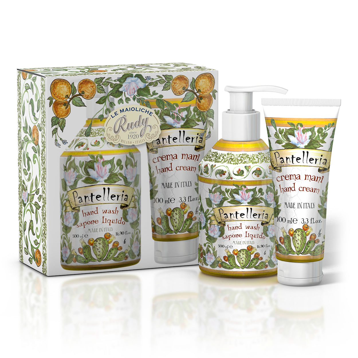 <b>Maioliche set</b></br>Liquid Hand Soap 500 mL + Hand Cream 100 mL</br><i>Pantelleria range</i>