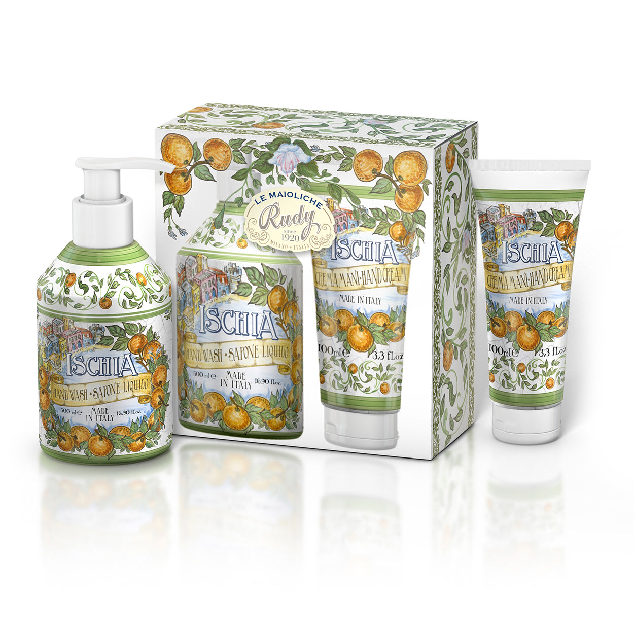 <b>Maioliche set</b></br>Liquid Hand Soap 500 mL + Hand Cream 100 mL</br><i>Ischia range</i>