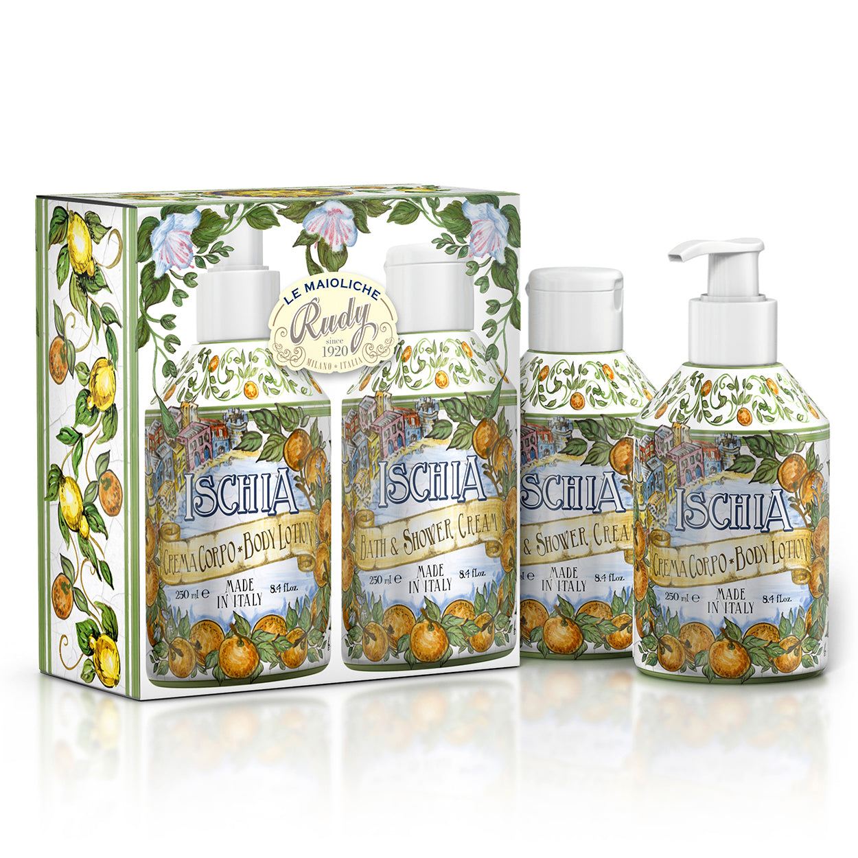 <b>Maioliche set</b></br>Bagno schiuma 250 mL + Crema corpo 250 mL</br><i>Linea Ischia</i>